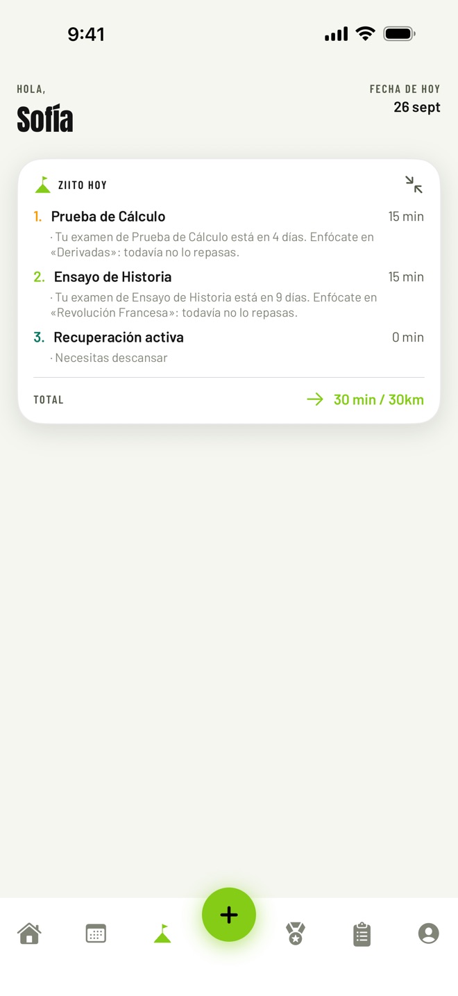Plan de hoy con Prueba de Cálculo, Ensayo de Historia y recuperación activa
