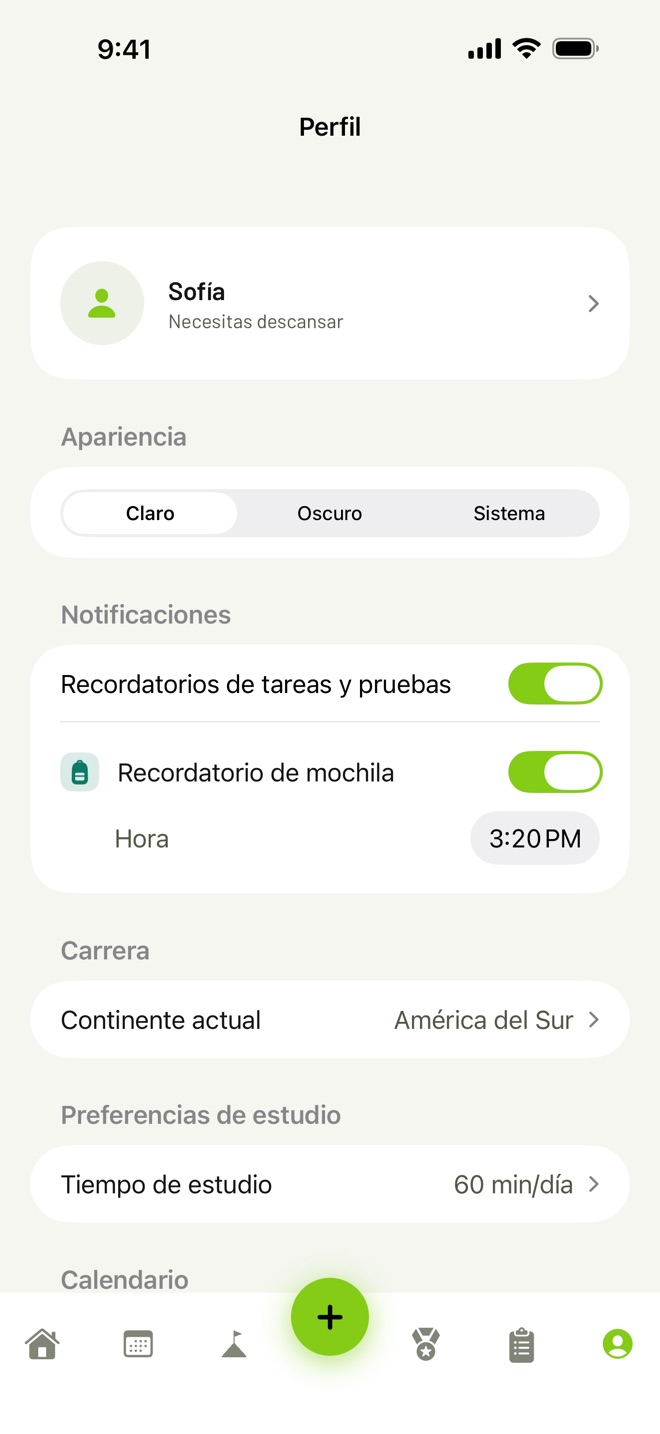 Perfil con apariencia, notificaciones y preferencias de estudio